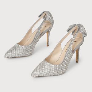 Brand New Size 9 Sarika Grey Rhinestone Pointed-Toe Slingback Bow Pumps by Lulus